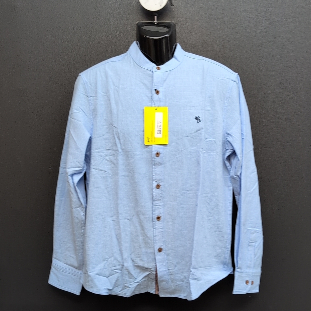 Hoooyi Long Sleeve Linen Look Stand Collar Button Down Shirt Large Light Blue